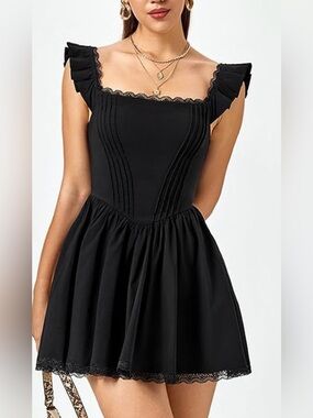 NWOT Elegant Black Lace-Trim Square-Neck Mini Dress, Medium